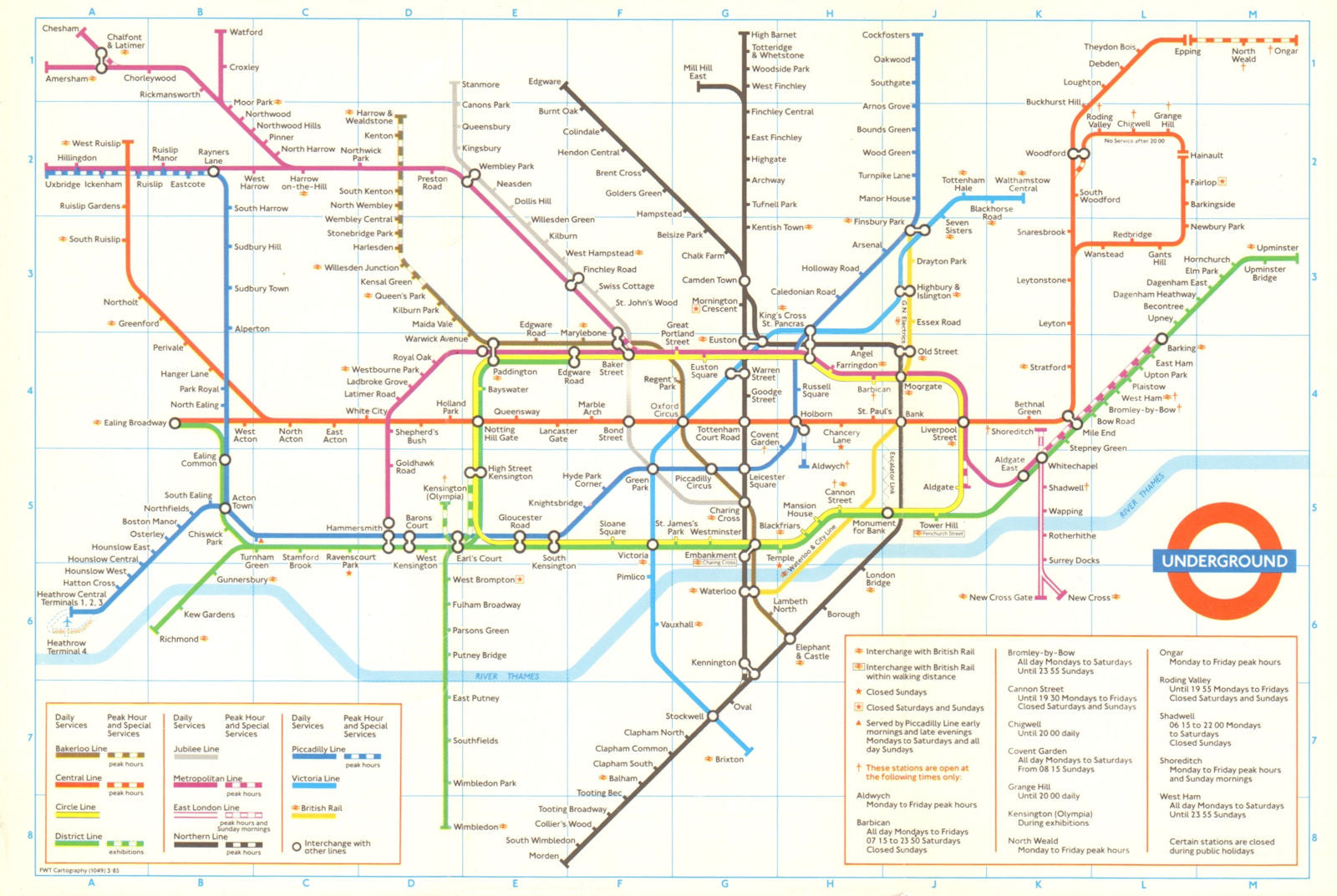 LONDON UNDERGROUND tube plan map. Heathrow Terminal 4 under construction 1985